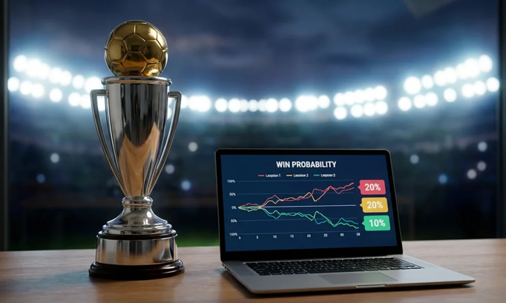 Золотой кубок рядом с ноутбуком, на котором открыты графики вероятности победы и линия ставок 1xBet