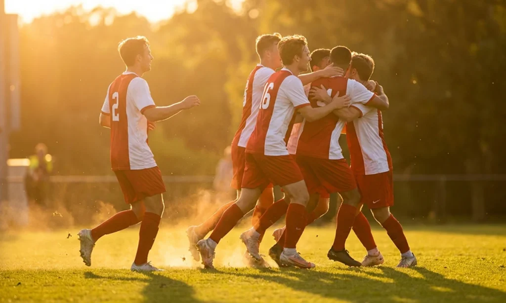 Футболисты радуются забитому голу на закате, анализируйте игру и побеждайте вместе с 1xBet
